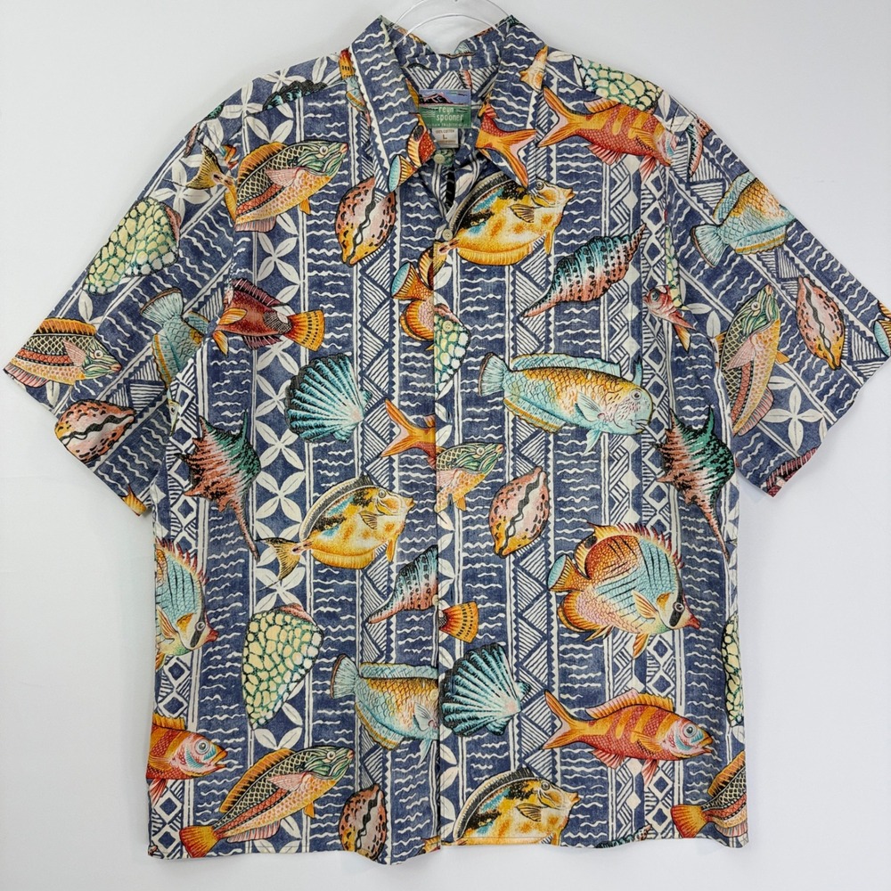 Reyn Spooner Button Up Shirt Mens Large Blue Tropical Reef Fish Shells Hawaiian